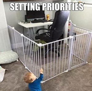 Work space blocked off by baby gate.